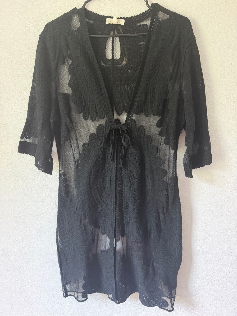 NWT Adiva Black Lace Kimono Cardigan Sheer Boho Whimsigoth Fairy Grunge M Duster